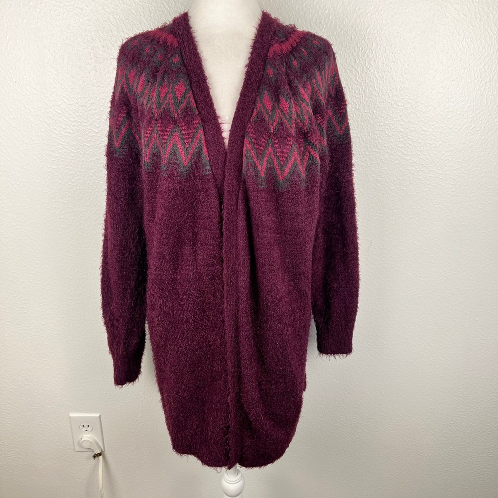 Fair Isle Burgundy Cardigan Boho Knit Purple Boho Cozy Size 14/16 Plush Granola